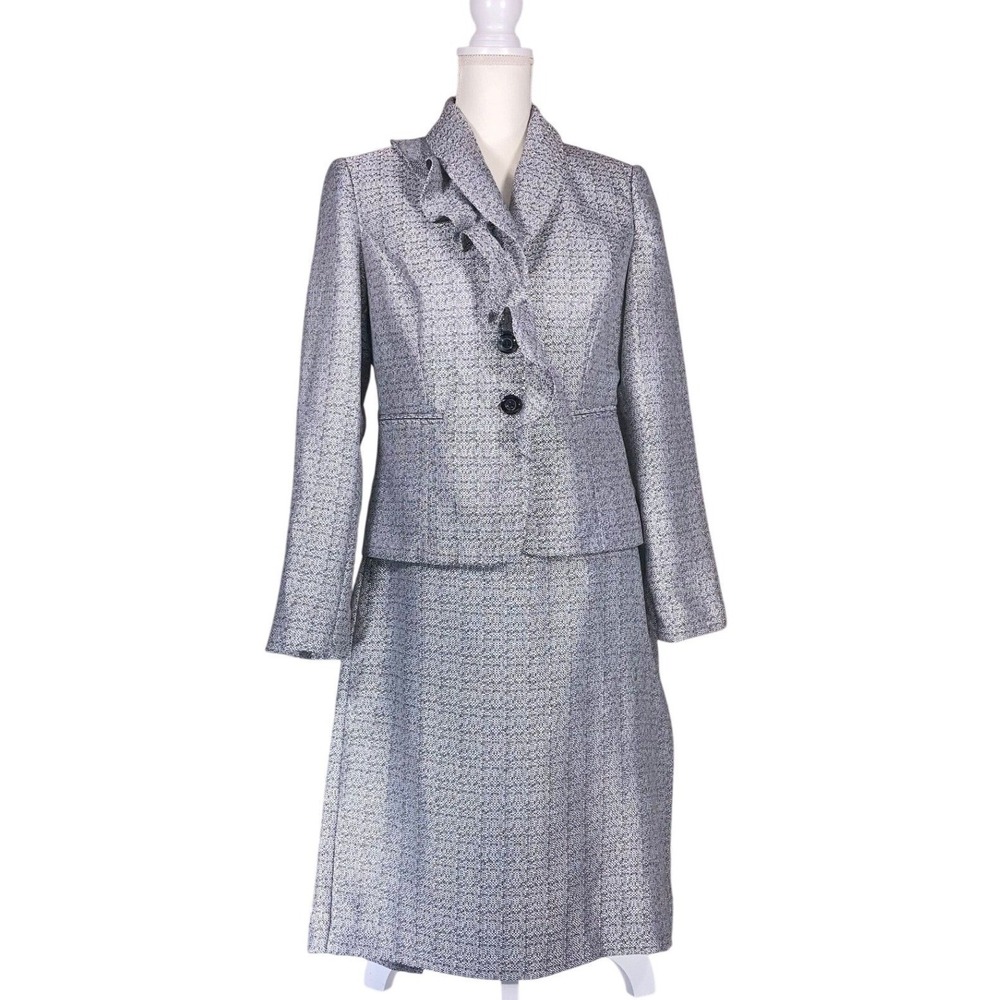 Silver Blue Shimmer Ruffle Lapel Skirt Suit Set Two Piece Formal Occasion Dressy
